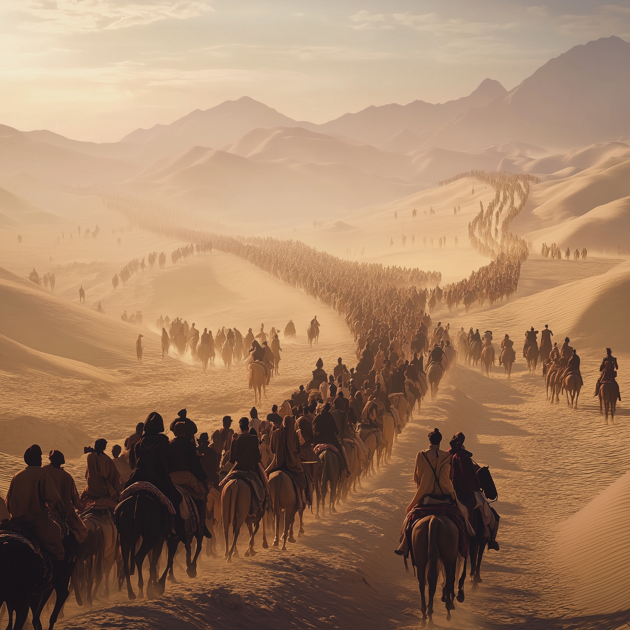 A realistic, high-definition depiction of the ancient Silk Road, illustrating swarm intelligence in historical trade networks.